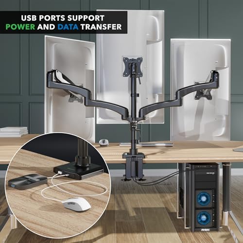 Mount-It! Triple Monitor Desk Stand, USB-A & C, Black