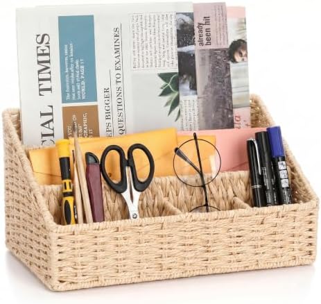 Rattan Mail Organizer - Countertop, Desk, Bills, Woven Basket, Magazine Holder, Mail Sorter, Hobo Organizer，Beige