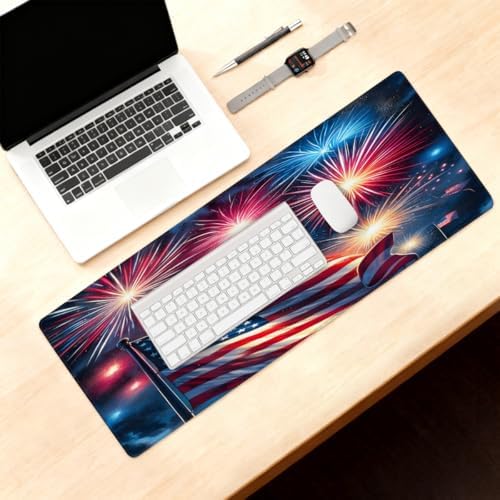 Large Mouse Pad American Flag Fireworks Non-Slip Rubber Long Gaming Desk Mat Big Computer Keyboard Mousepad Waterproof Protector Wristing Pad for Gaming Office Home Decorative 31.5 X 11.8 Inch