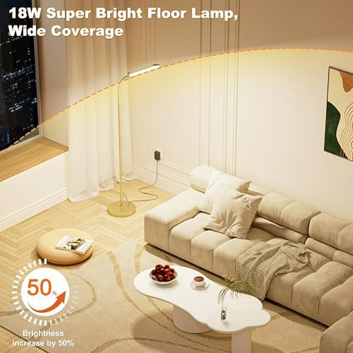 Yikuneng Dimmable LED Floor Lamp, Super Bright Reading Lamps Floor Standing lamp with Remote & Touch Control, Stepless Dimming & 2700K-6500K Color Temperature, for Living Room Bedroom Office, Gold