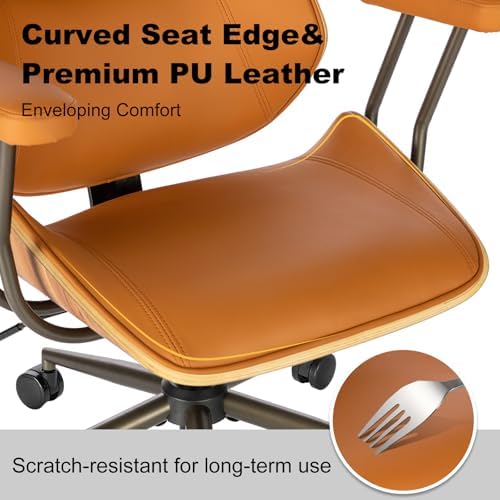 Mid Century Walnut Bentwood PU Leather Office Chair with Arms, Brown