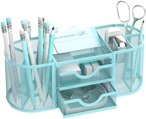 SUPEASY Mesh Desk Organizer, Pen Holder for Desk with 2 Drawers, Blue