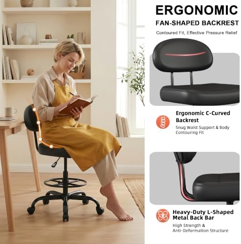 Armless Drafting Chair with Back, Tall Office Chair for Standing Desk, PU Faux Leather,Footrest Ring,Adjustable Height,360°Wheels for Bar Home Office