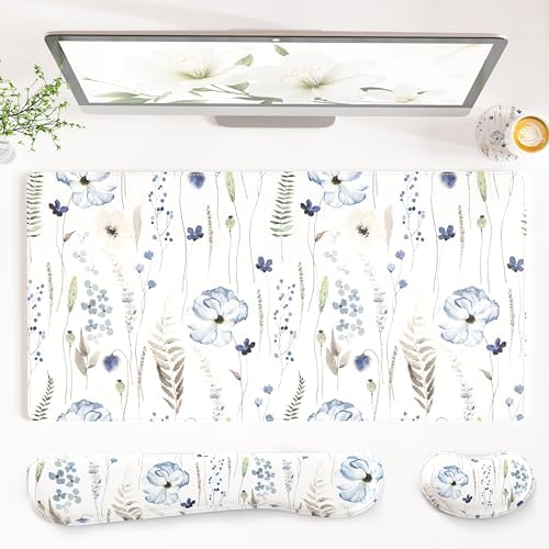 QiyI PU Leather Desk Mat Set, 4-in-1 Ergonomic Wrist Rest, Wildflowers