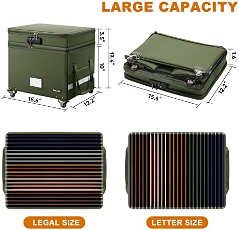DocSafe File Box with Lock,2-Layer Fireproof Document Box with Wheels,Collapsible Rolling File Storage Organizer with Pockets,Large Portable Home Office Filing Cabinet Safe for Hanging Folders,Green