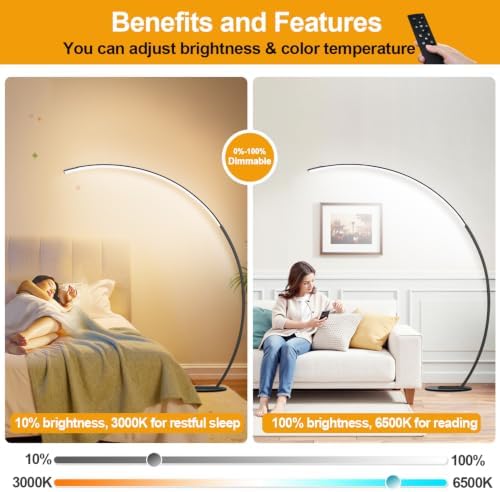 Dimmable LED Lamps for Living Room with 3 Color Temperatures, Ultra Bright 2000LM Arc Floor Lamps, Modern Standing Tall Lamp with Remote Control Reading Floor Lamp for Bedroom Office Classroom