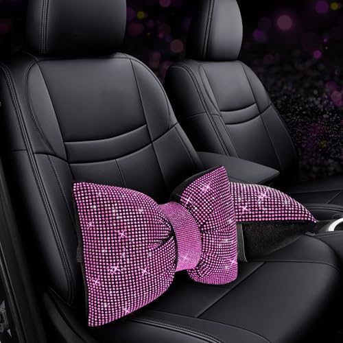 4 PCS Bling Car Pillows,Rhinestones Bowknot Car Headrest Pillow,Pink