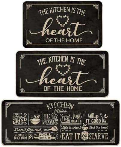 Artoid Mode Black Cooking Sets Kitchen Mats Set of 3, Seasonal The Kitchen is The Heart of The Home Holiday Party Low-Profile Floor Mat for Home Kitchen - 17"x29"+17"x36"+17"x47"