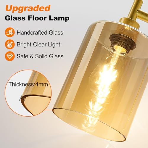 【Upgraded】 Dimmable Floor Lamp for Living Room with Amber Glass Lampshade, Gold Modern Glass Floor Lamp with 900LM LED Bulb Included, Arc Standing Tall Lamp for Bedroom, Office, Reading Room, Corner