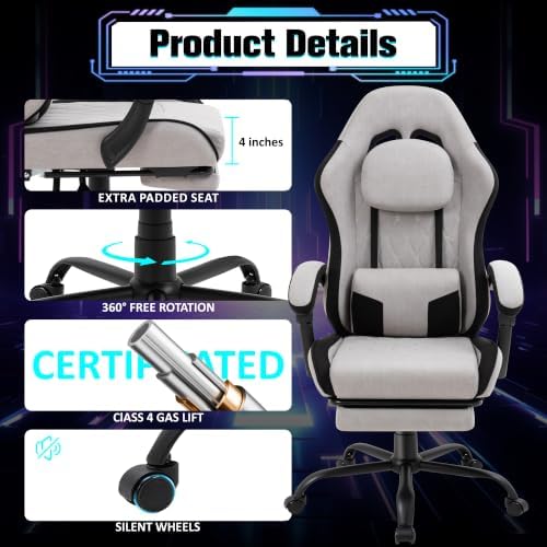 Gaming Chair with Footrest, Ergonomic Fabric Desk Chair, Grey