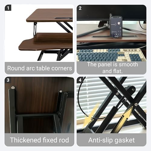 32 Inch Height Adjustable Stand Up Desk Riser, Heavy Duty Computer Workstation with Removable Keyboard Tray - Ergonomic Design for Home Office Workshop Gaming, Spacious Platform(Walnut)
