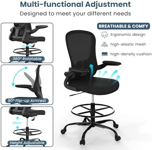 Drafting Chair, Tall Office Chair with Flip-up Armrests Executive Ergonomic Computer Standing Desk Chair, Office Drafting Chair with Lumbar Support and Adjustable Footrest Ring