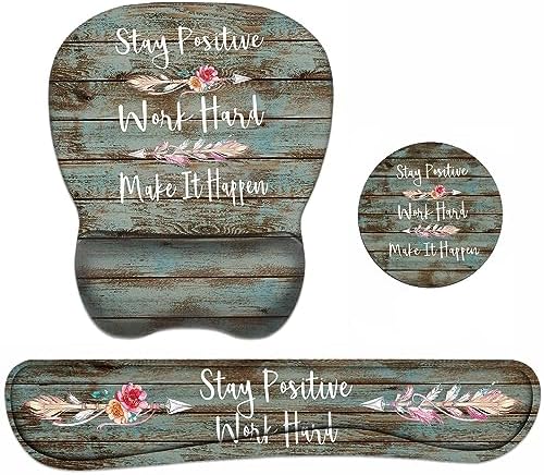 Mouse Pad Wrist Support and Keyboard Wrist Rest Set with Coasters, Inspirational Quote Stay Positive Work Hard and Make It Happen Non-Slip PU Base Ergonomic Mousepad for Home Office Working Studying