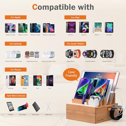 Pezin & Hulin Bamboo Charging Station for Multiple Devices with 5-Port HUB