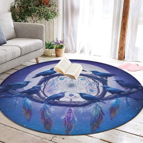 Large Round Area Rug Home Decor Modern Bathroom Rug Kitchen Office Circle Rug for Living Room Sofa Circle Cute Mat Dream Catchers and Raven, 60inch