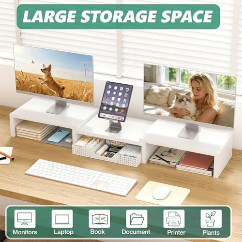 OPNICE Dual Computer Monitor Stand Riser, Desk Organizer with Drawer, Office Desk Accessories & Workspace Organizers for Home Office Supplies, White