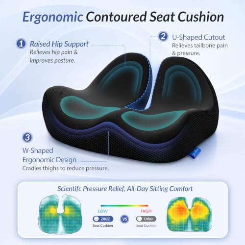 ZIKEE Ergonomic Contoured Seat Cushion for Pain Relief, All-Day Comfort, Office Chair Cushion with Raised Back Support for Tailbone, Sciatica & Back Pain Relief, Premium Memory Foam for Car, Home