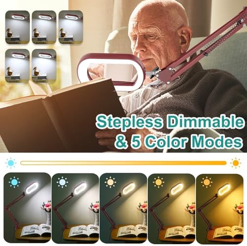 IVMAIE 12X Rectangle Magnifying Glass with Light, 5 Color Modes Stepless Dimmable Magnifier with Stand, LED Lighted Clamp Desk Lamp with Swing Arm, Hands Free for Reading Painting Close Work - Red