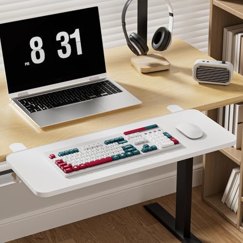 Keyboard Tray Under Desk,Adjustable Mouse Computer Keyboard Platform Tray Keyboard Holder with C Clamp 90 Degree Folding Keyboard Tray Desk Extender for Typing, Ideal Desk Office Desks White