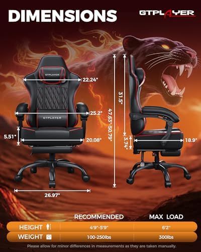 GTPLAYER Big and Tall Gaming Chair with Footrest, Ergonomic Office Desk Chair with 4.4in Thick Cushion and Wide Wingless Seat, Comfortable Leather Computer Chair, Predator Series, Black & Red Quilted