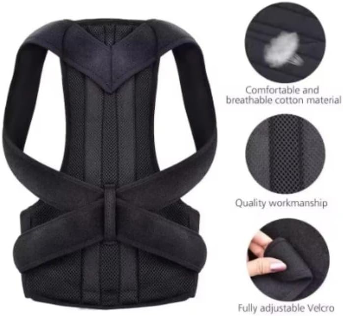 Posture Corrector Back Brace, Adjustable Velcro Straps, support women men, pain neck shoulder, belt para lower relief lumbar bra, Spine and Shoulder Support, Black, Unisex Adjustable