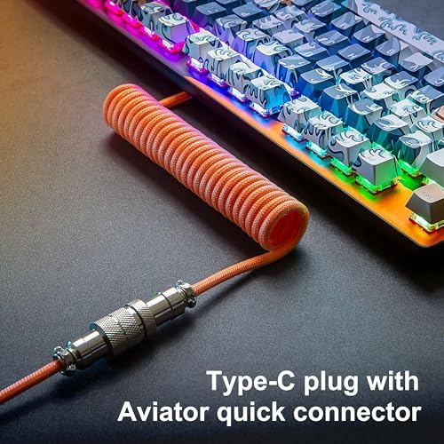 GUNMJO Pro Custom Premium Coiled USB C Cable for Gaming Keyboard, Double-Sleeved Mechanical Keyboard Cable with Detachable Metal Aviator, 1.5M USB-C to USB-A, Brilliant Orange Color