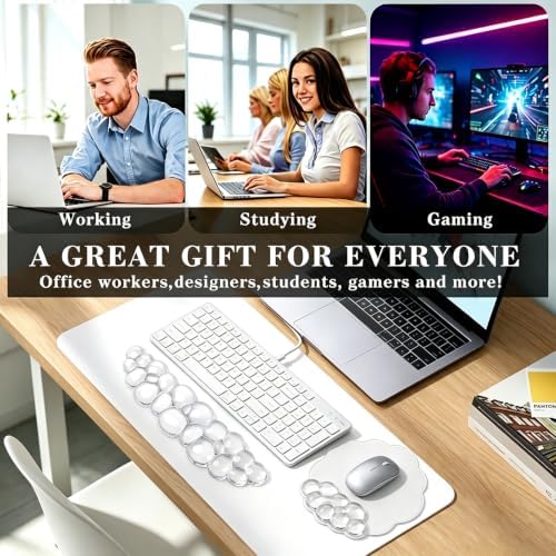 Gel Wrist Rest and Cloud Mouse Pad, for Keyboards and Mice - Ergonomic Pink Keyboard Wrist Rest Set, Relieves Pain from Typing/Computer/Laptop/Gaming/Home/Office White