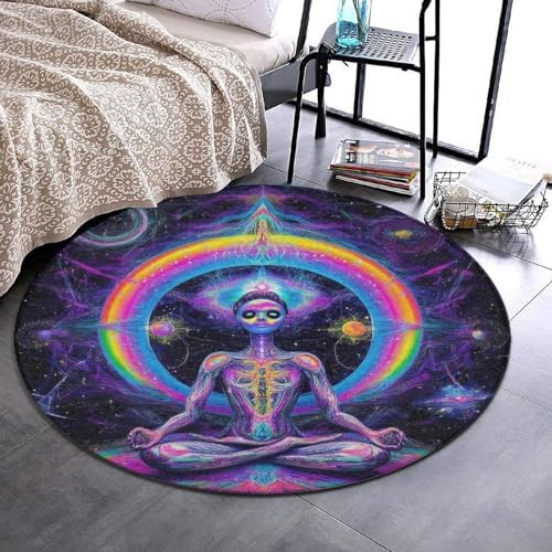 Home Decor Non Slip Kitchen Office Circle Rug, Machine Washable Modern Round Area Rug, Room Sofa Yoga Soft Round Carpet Trippy Blue Tie Dye Space Alien Meditation Art, 60inch