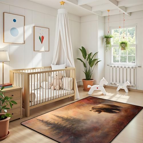 Serene Bear Among Pine Trees Ethereal Misty Landscape Area Rug Outdoor Patio Rug Play Mat Modern Floor Carpet Non-Slip Home Decor Living Room Kids Bedroom Nursery, 3x5 ft