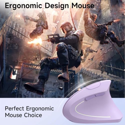 Ergonomic Vertical Wireless Mouse Stylish Rechargeable 2.4G Optical Mice Cordless Mouse with USB Receiver, 800/1200 /1600 DPI, 5 Buttons for Laptop,PC,Mac,Computer (Purple)