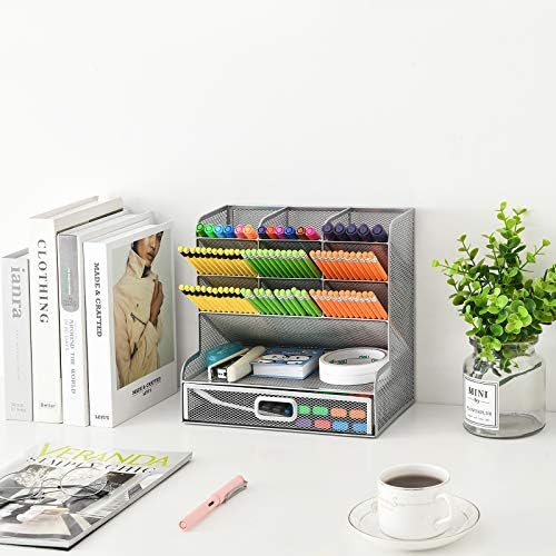 Marbrasse Larger Mesh Desk Organizer with Drawer, Multi-Functional Pen Pencil Holder, Desk Organizers and Accessories for Office Art Supplies (Silver Mesh Pen Holder with Drawer)