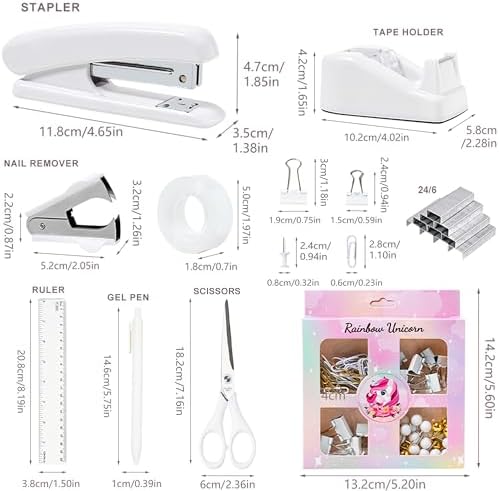 COMFYROOM Desk Accessories with Pen Holder, Office Supplies Desk Organizers and Accessories, Tape Dispenser, Stapler, Staple Remover, Staples, Clips Set, Ruler, Scissor, Pen, Tape (White)