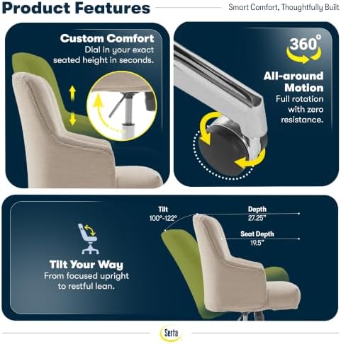 Serta Leighton Home Office Desk Chair, Mid-Back with Chrome Nailheads, Memory Foam Cushion and Padded Arms, Modern Makeup Vanity Armchair with Wheels, Swivel Base, Twill Fabric, Stoneware Beige