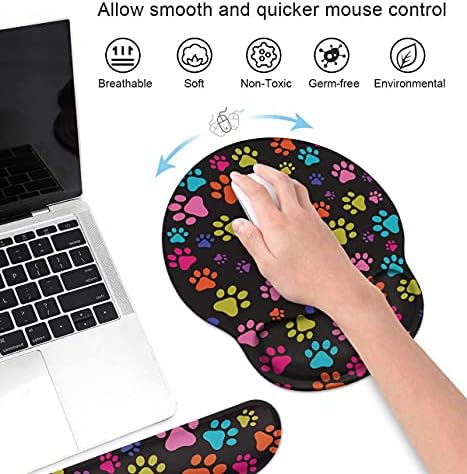 Keyboard Wrist Rest and Mouse Pad Wrist Rest Support Set with Coasters, Non-Slip PU Base for Gaming and Office, Comfortable & Lightweight for Easy Typing & Pain Relief - Colorful Dog Paw Print