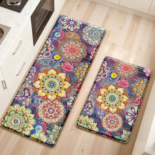 Boho Red Floral Kitchen Rugs Mats for Floor 2 Piece Memory Foam Padded Kitchen Mats Anti Fatigue Non Slip Cushioned Comfort Standing Mat, 17.3x28+17.3x47 Inch