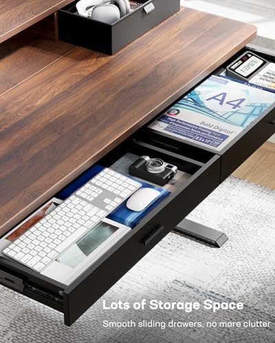 HUANUO 55 x 30 inch Electric Standing Desk with 4 Drawers, Walnut