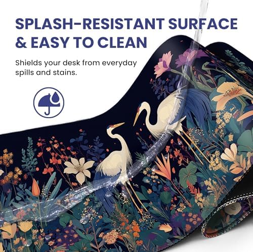 Aesthetic Desk Mat, Cute Midnight Cranes Desk Pad Protector for Work & Decor, 35.4" x 15.7", Pretty Non-Slip Extended Mouse Pad for Office or Home