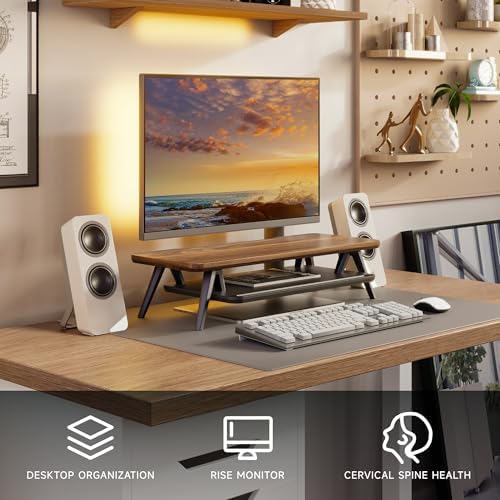 Fenge Monitor Stand Riser, Wooden Desk Shelf with 2-Tier Storage