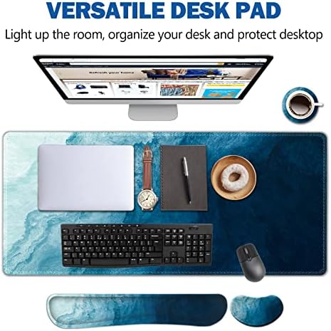 AIMSA Large Gaming Mouse Pad Set, Keyboard Wrist Rest Support + Extended Mouse Pad + Mouse Wrist Cushion + Coaster, Ergonomic Memory Foam Multifunctional Desk Mat 35x15.7inch (Dark Blue Waves)