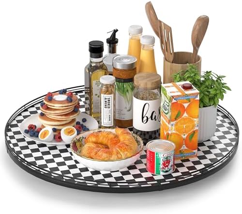 AMH 24-Inch Black and White Checkerboard Lazy Susan Decorative Tray