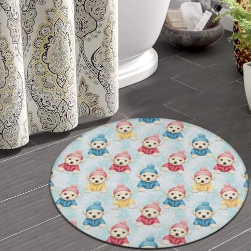 Large Machine Washable Circular Rugs, Home Decor Round Mat for Living Room Sofa Office Cute Animal Maltese, 24inch