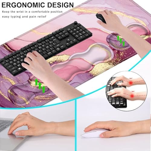 Keyboard Wrist Rest and Mouse Pad with Wrist Support Set Ergonomic Coaster,Memory Foam,Easy Typing Pain Relief,Large XL Desk Mat 31.5"x 11.8",Marble Pretty Pink