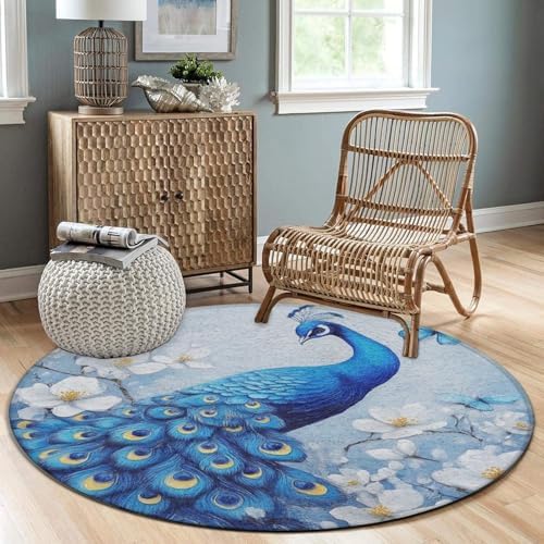 Machine Washable Modern Round Area Rug, Room Sofa Yoga Soft Round Carpet, Home Decor Non Slip Kitchen Office Circle Rug Blue Peacock and White Flowers, 60inch