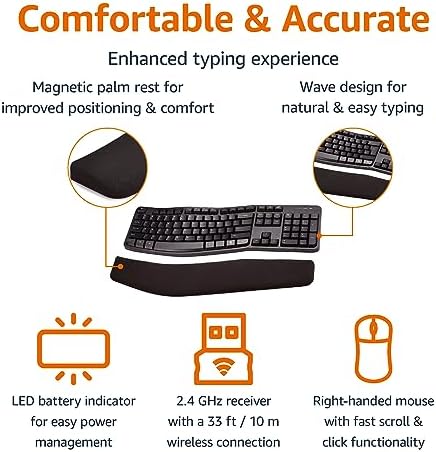 Amazon Basics Ergonomic Wireless Keyboard and Mouse Combo with Wrist Rest, Plug and Play, 2.4 GHz USB, Easy to Use, Black