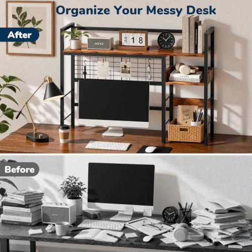 Desk Shelf, 38.6" Desk Hutch with Pegboard Hooks Set, Rustic Brown