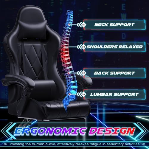 Shahoo Gaming Chair with Footrest and Massage Lumbar Support, Computer Game Chairs Ergonomic Office Seat Height Adjustable with Headrest, Black