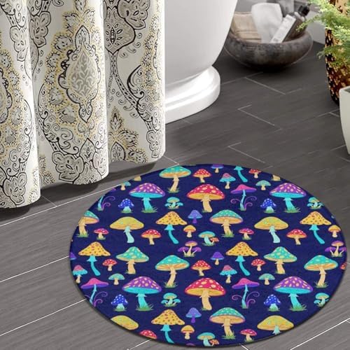 Circular Rugs Large Modern Round Area Rug Fashion Decor Mat for Home Office Trippy Colorful Neon Mushrooms, 36inch