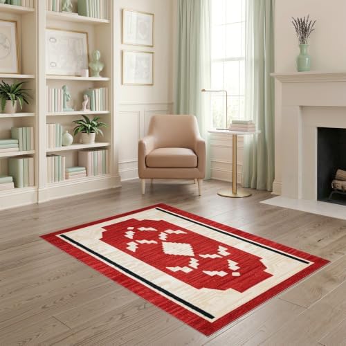 4'x6' Red Ivory Cat Crimson Boho Geometric Washable Area Rug