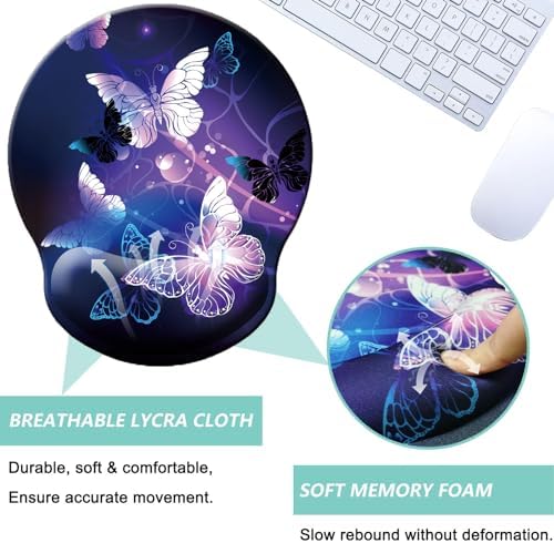 Mouse Pad with Wrist Support, Ergonomic Mouse Pad with Memory Foam Wrist Rest Cushion, Non-Slip Rubber Base Gaming Mice Pad for Home Office Computer Laptop, Butterfly