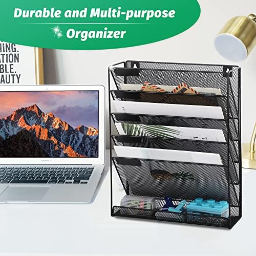 EASEPRES Desk File Organizer Mesh 6-Tier, Hanging Wall Mount Document Organization Stand, Desktop Vertical Mail Paper Folder Holder Rack with Bottom Tray for Office Home Cubicle Countertop, Black
